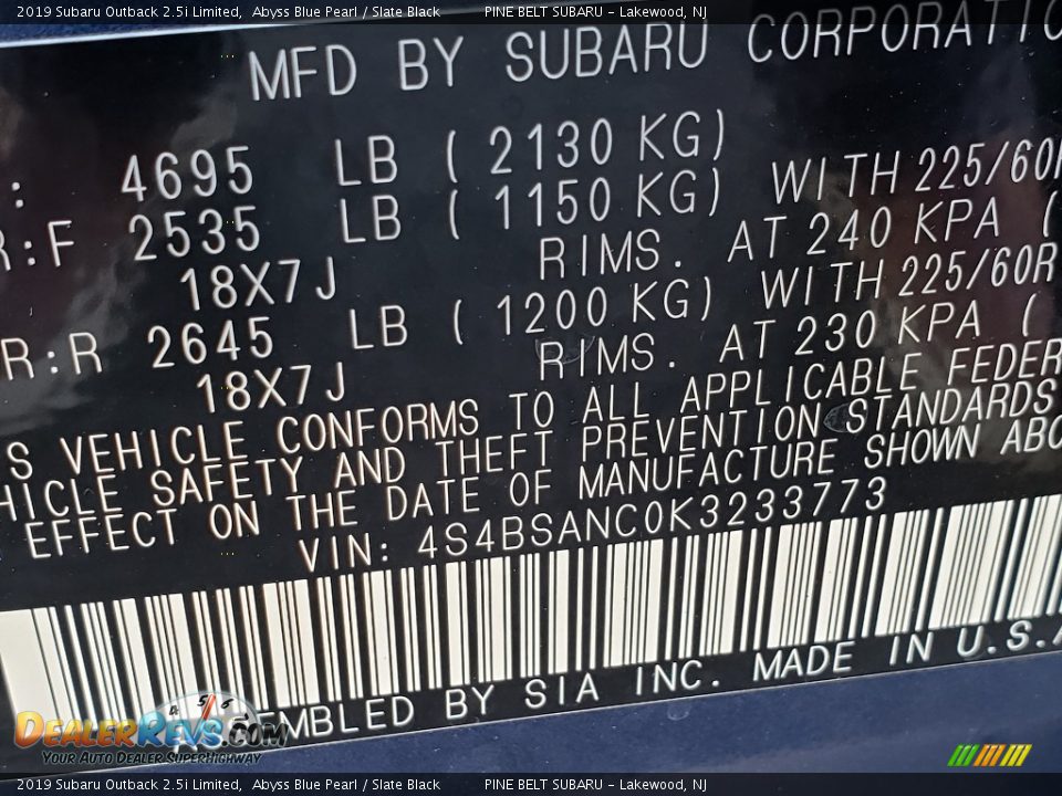 2019 Subaru Outback 2.5i Limited Abyss Blue Pearl / Slate Black Photo #9