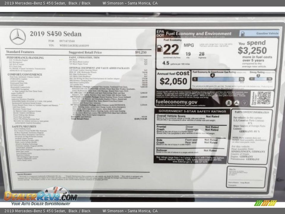 2019 Mercedes-Benz S 450 Sedan Window Sticker Photo #10