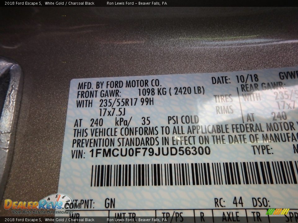 2018 Ford Escape S White Gold / Charcoal Black Photo #15