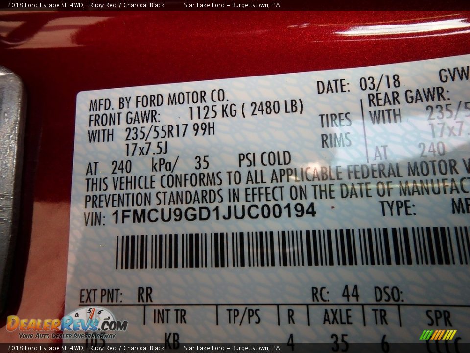 2018 Ford Escape SE 4WD Ruby Red / Charcoal Black Photo #14