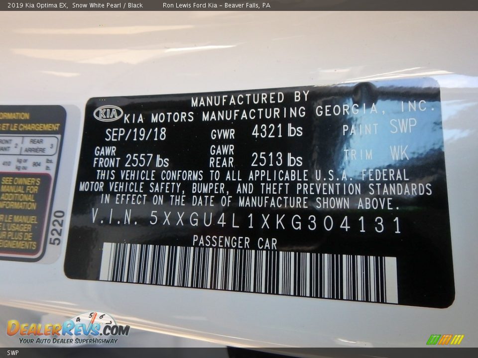 Kia Color Code SWP Snow White Pearl