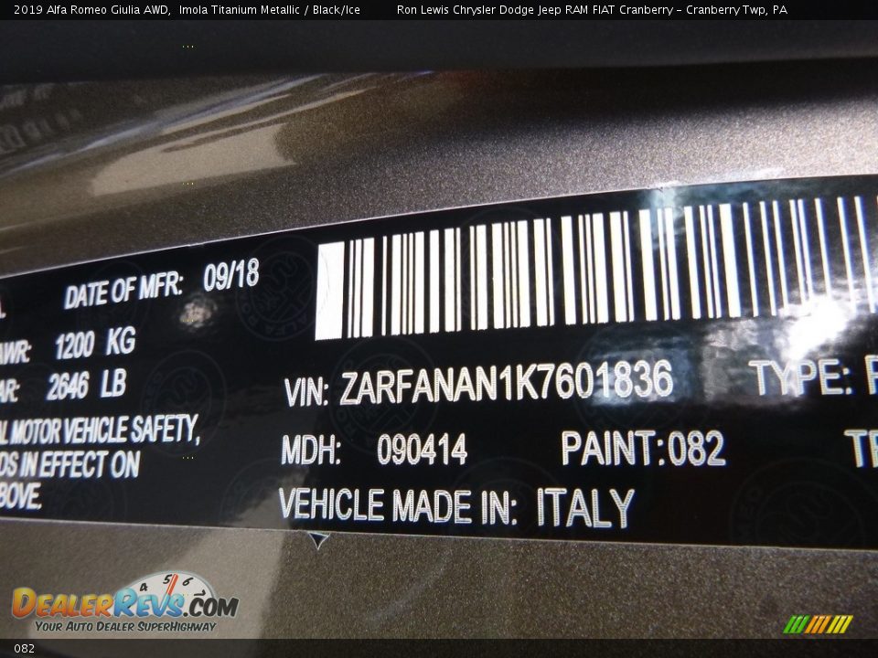 Alfa Romeo Color Code 082 Imola Titanium Metallic