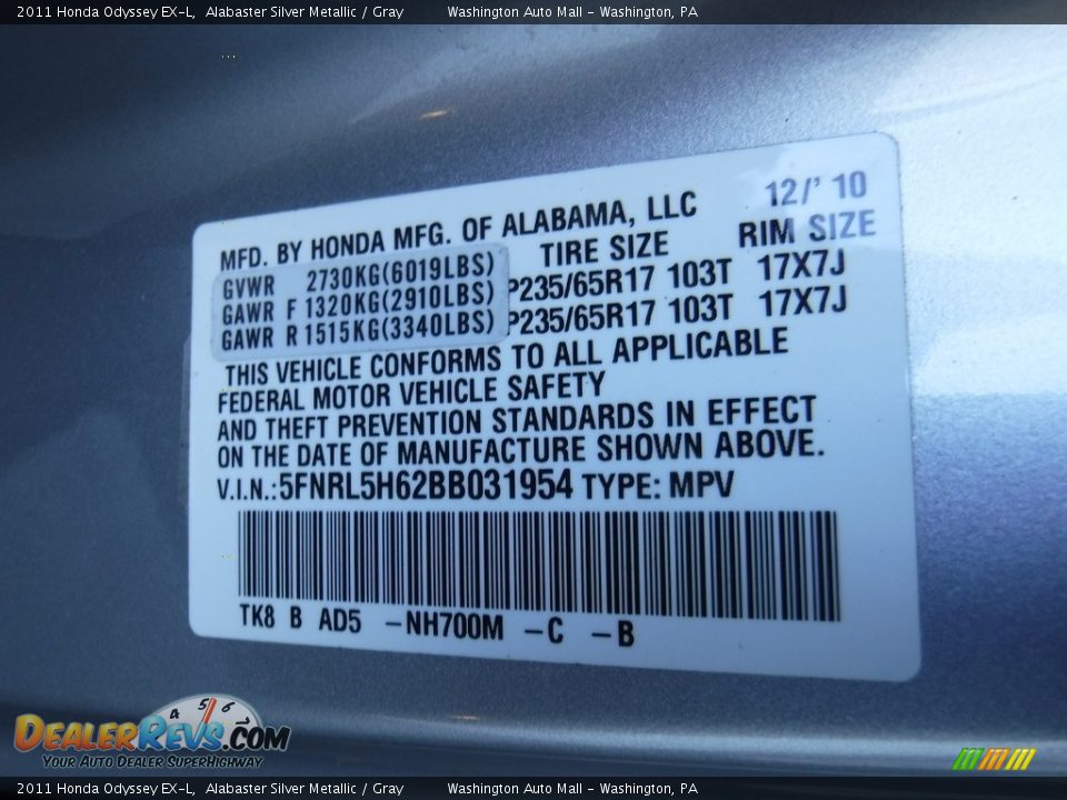 2011 Honda Odyssey EX-L Alabaster Silver Metallic / Gray Photo #27
