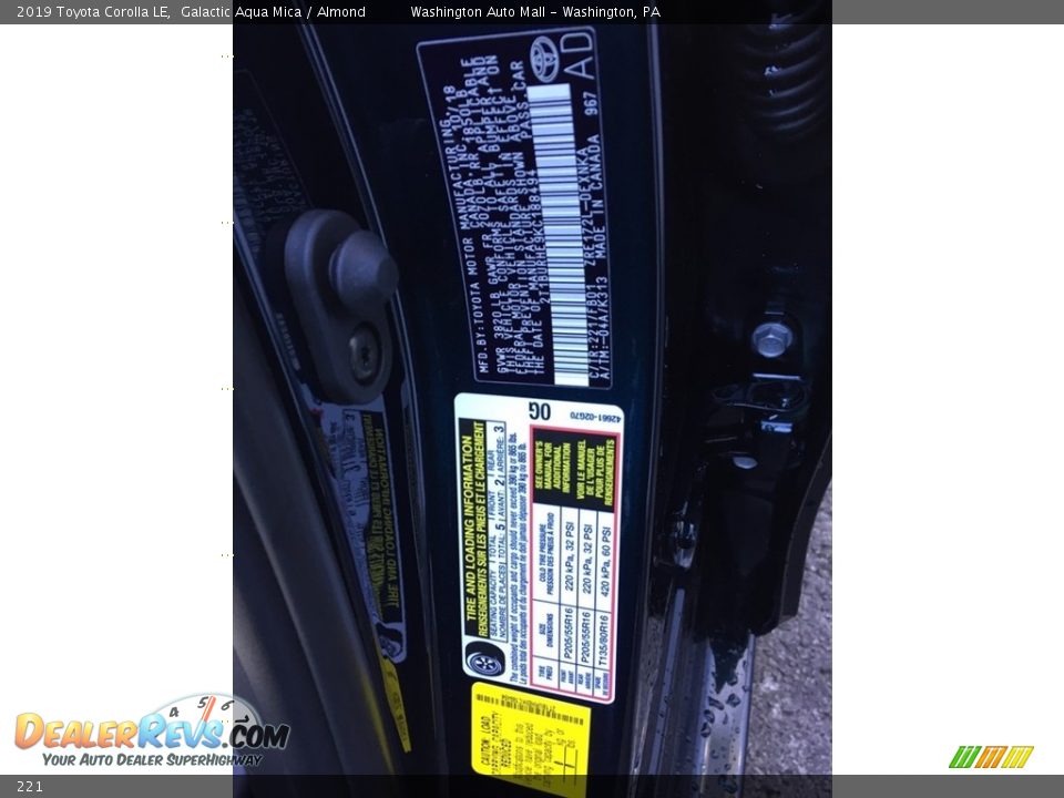 Toyota Color Code 221 Galactic Aqua Mica