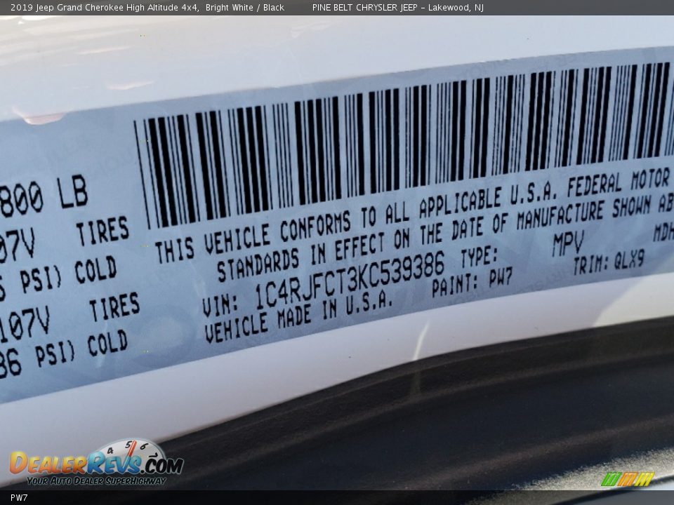 Jeep Color Code PW7 Bright White