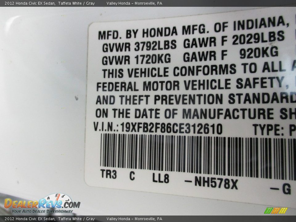 2012 Honda Civic EX Sedan Taffeta White / Gray Photo #19