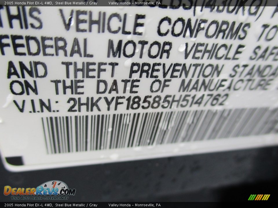 2005 Honda Pilot EX-L 4WD Steel Blue Metallic / Gray Photo #19