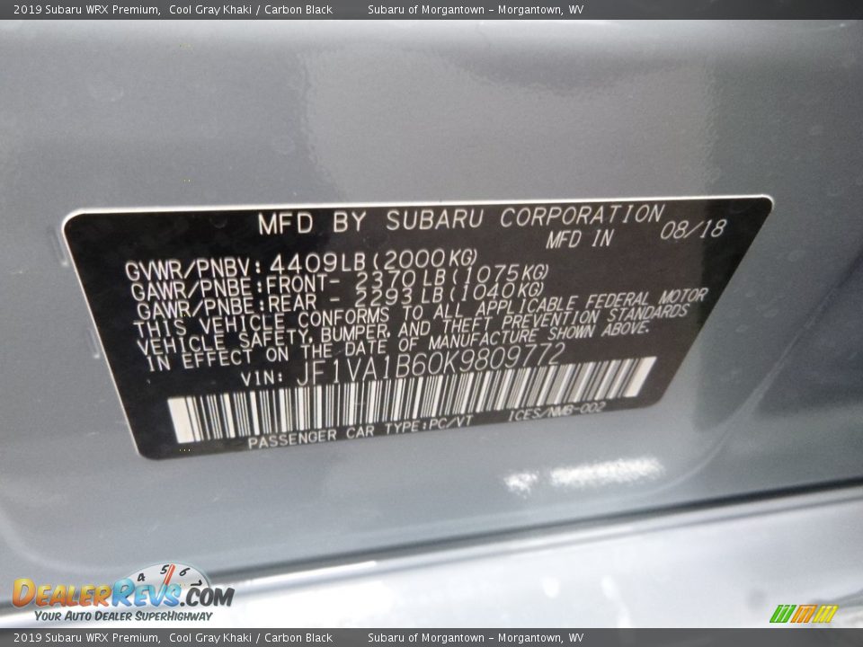 2019 Subaru WRX Premium Cool Gray Khaki / Carbon Black Photo #13