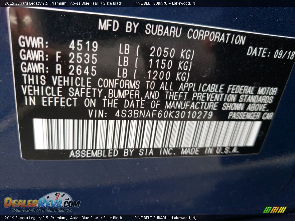 2019 Subaru Legacy 2.5i Premium Abyss Blue Pearl / Slate Black Photo #9