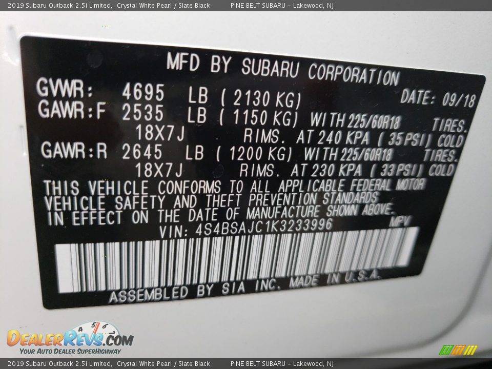 2019 Subaru Outback 2.5i Limited Crystal White Pearl / Slate Black Photo #9