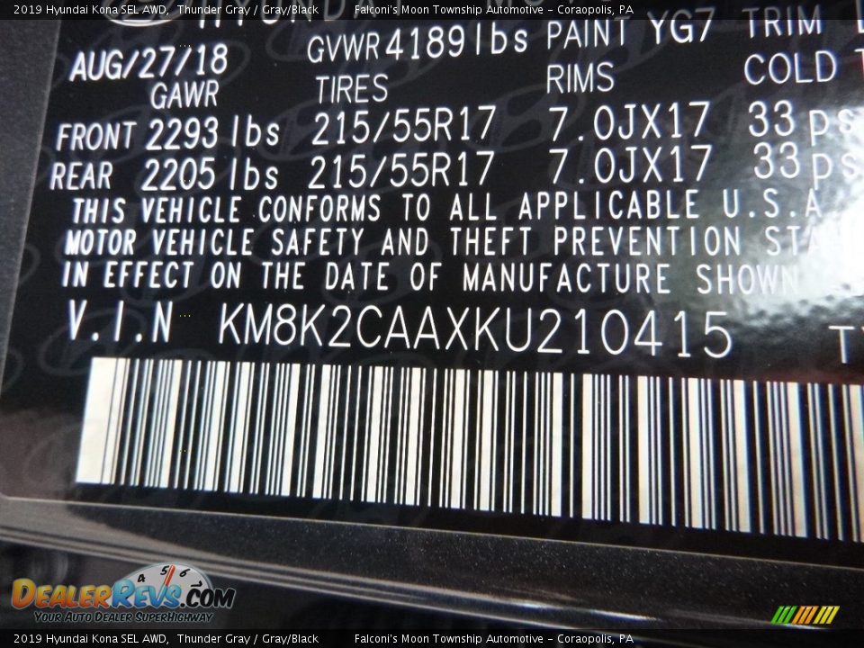 2019 Hyundai Kona SEL AWD Thunder Gray / Gray/Black Photo #12