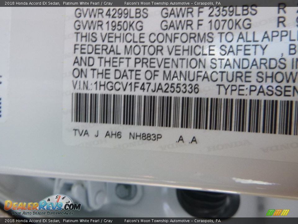 2018 Honda Accord EX Sedan Platinum White Pearl / Gray Photo #12