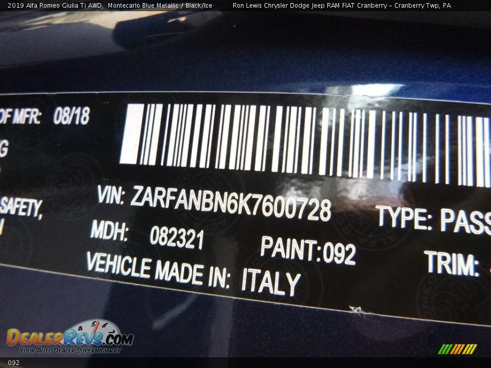 Alfa Romeo Color Code 092 Montecarlo Blue Metallic