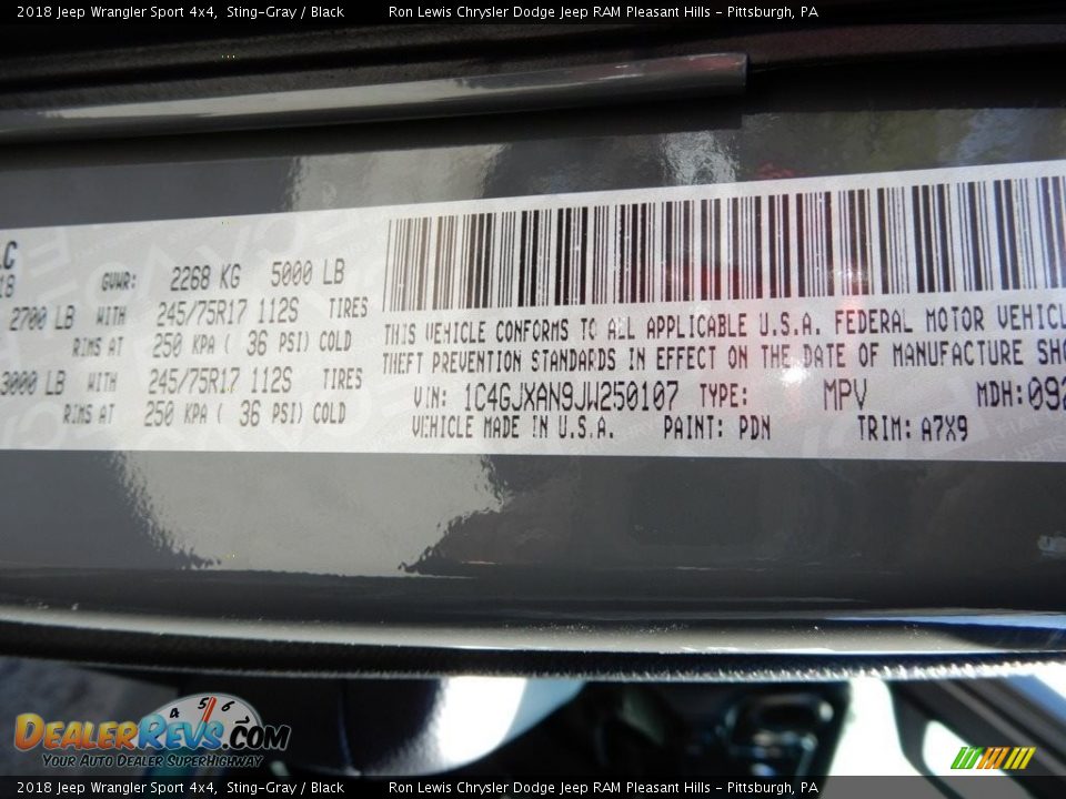 2018 Jeep Wrangler Sport 4x4 Sting-Gray / Black Photo #15