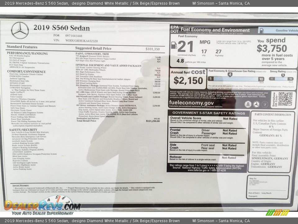 2019 Mercedes-Benz S 560 Sedan Window Sticker Photo #10