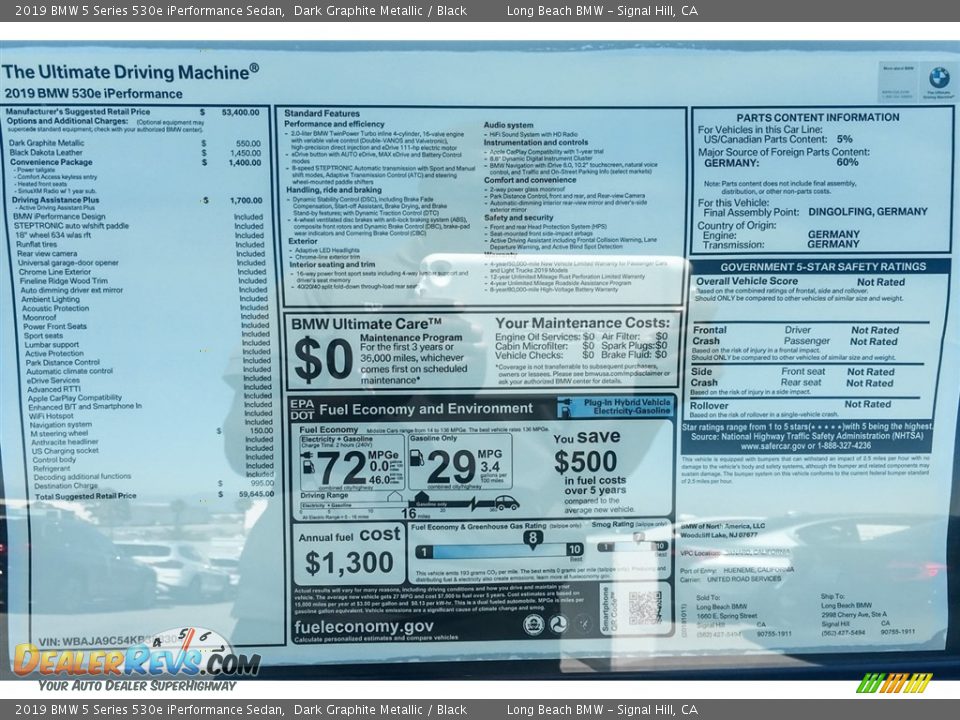 2019 BMW 5 Series 530e iPerformance Sedan Dark Graphite Metallic / Black Photo #10