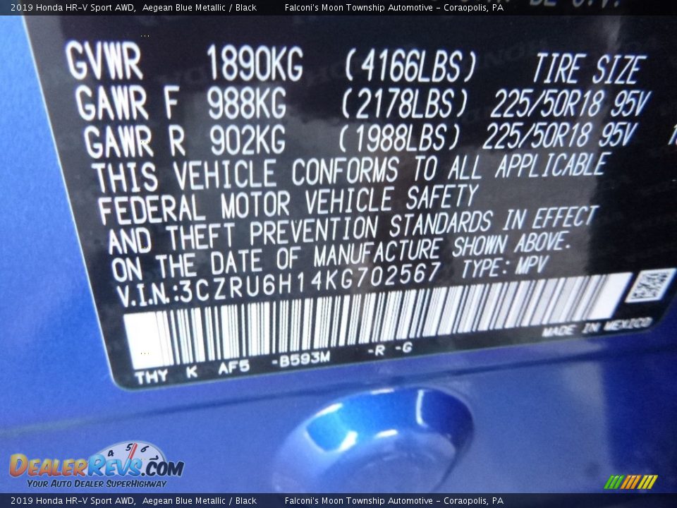 2019 Honda HR-V Sport AWD Aegean Blue Metallic / Black Photo #11
