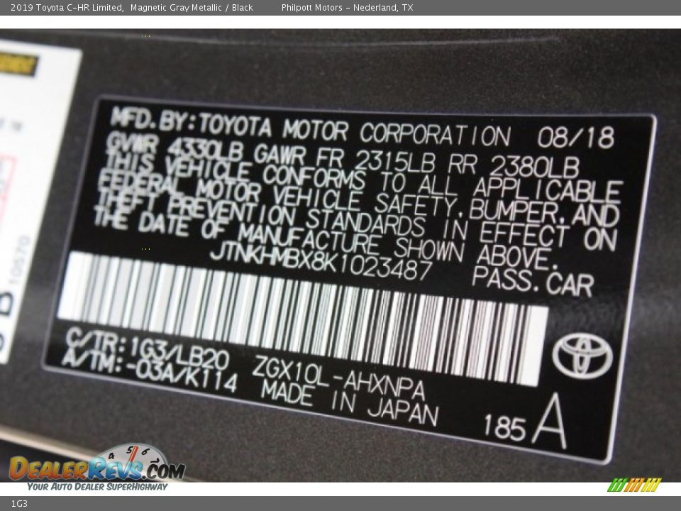 Toyota Color Code 1G3 Magnetic Gray Metallic