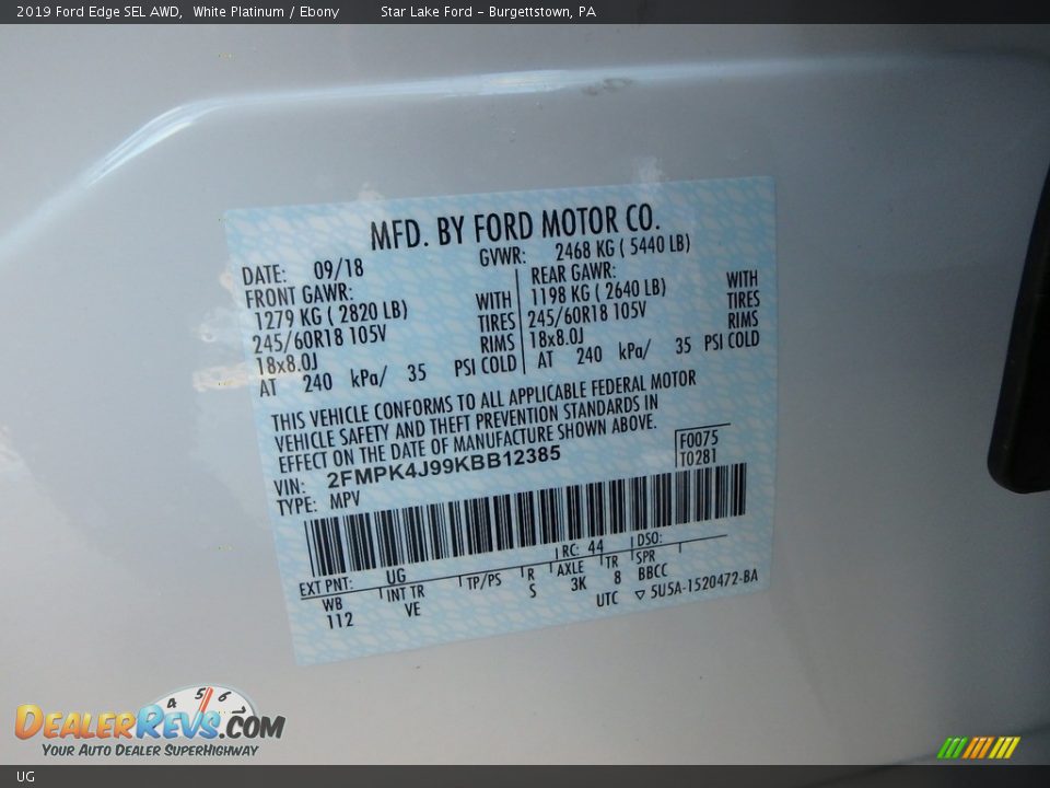 Ford Color Code UG White Platinum