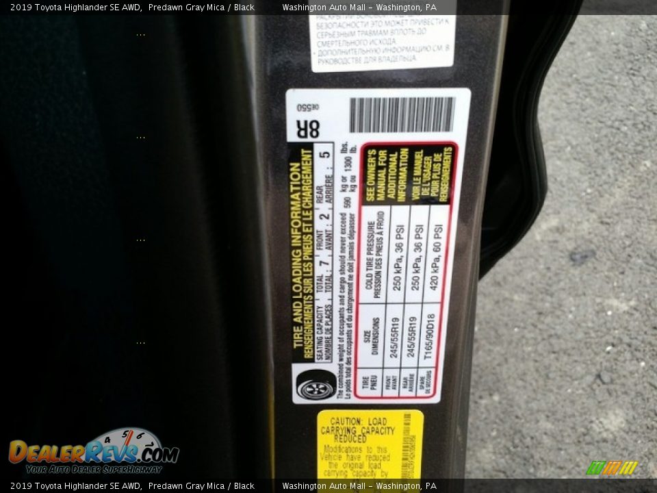 Info Tag of 2019 Toyota Highlander SE AWD Photo #31