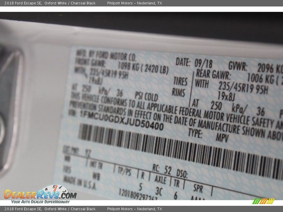 2018 Ford Escape SE Oxford White / Charcoal Black Photo #34