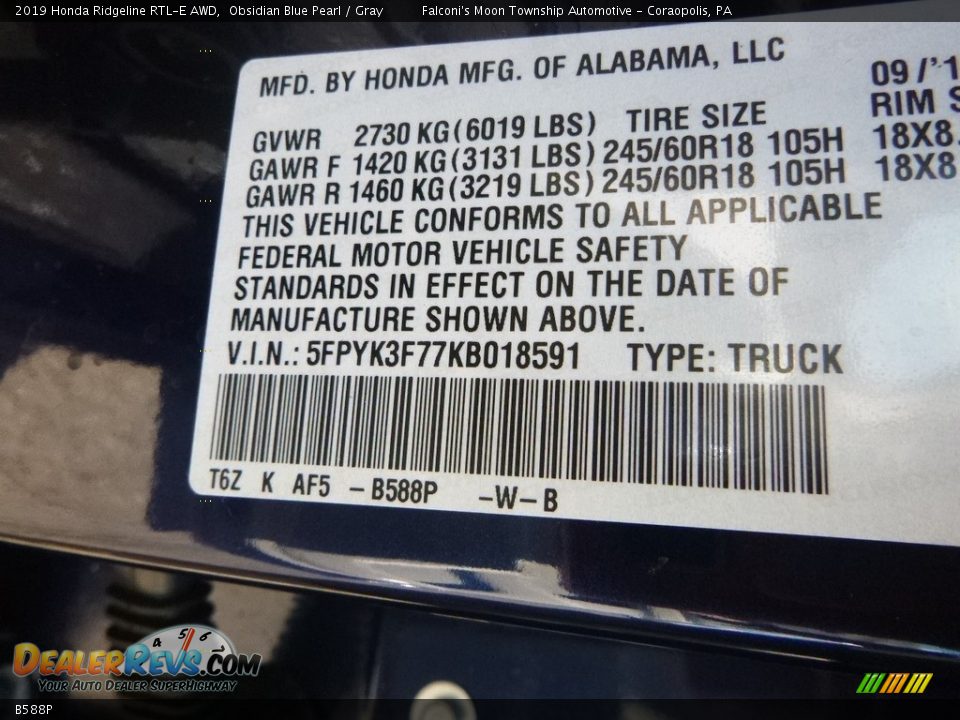 Honda Color Code B588P Obsidian Blue Pearl