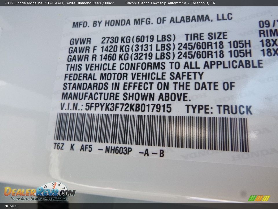 Honda Color Code NH603P White Diamond Pearl