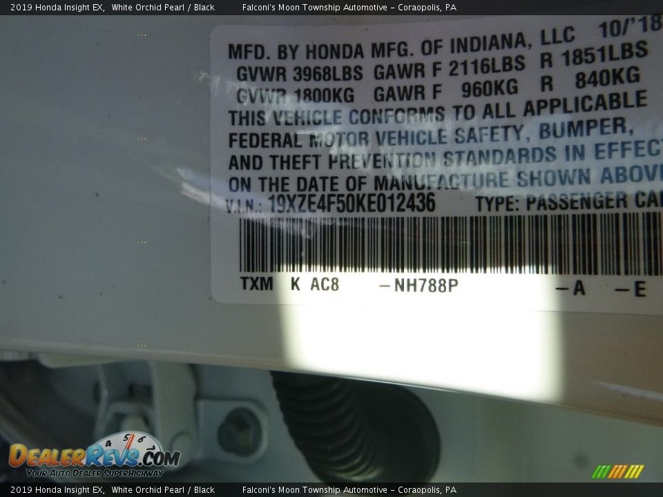 2019 Honda Insight EX White Orchid Pearl / Black Photo #13