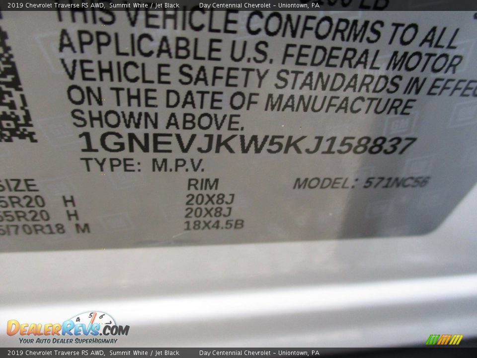 2019 Chevrolet Traverse RS AWD Summit White / Jet Black Photo #19