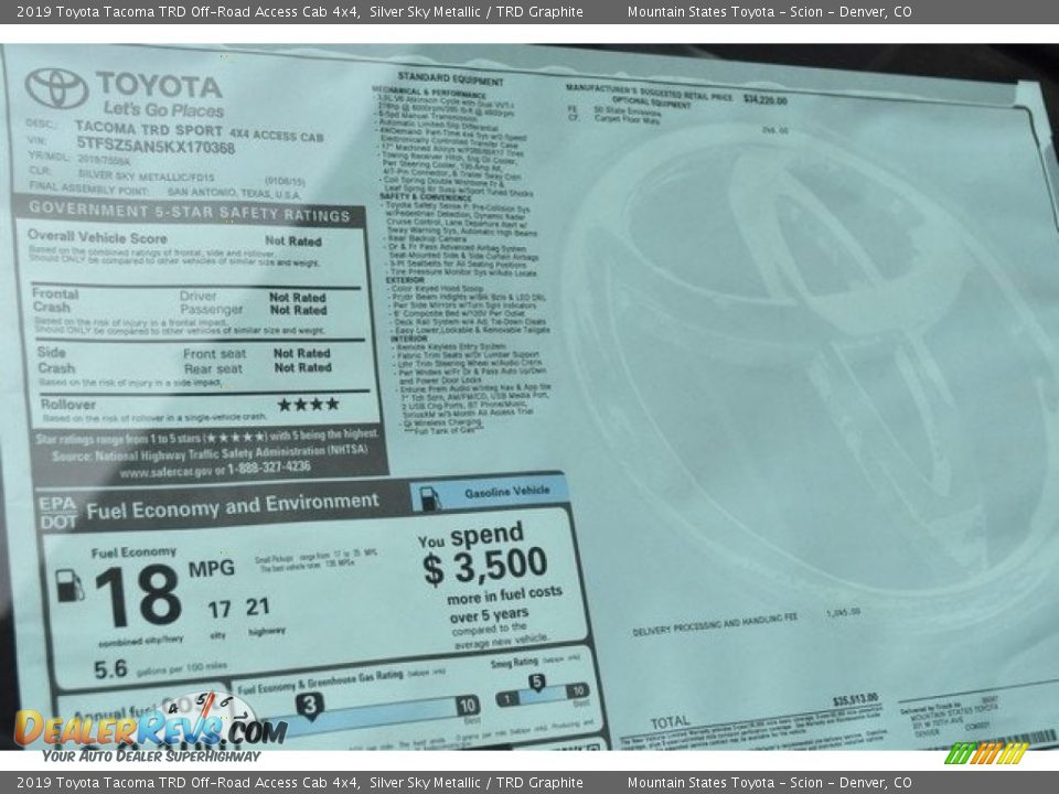 2019 Toyota Tacoma TRD Off-Road Access Cab 4x4 Window Sticker Photo #36
