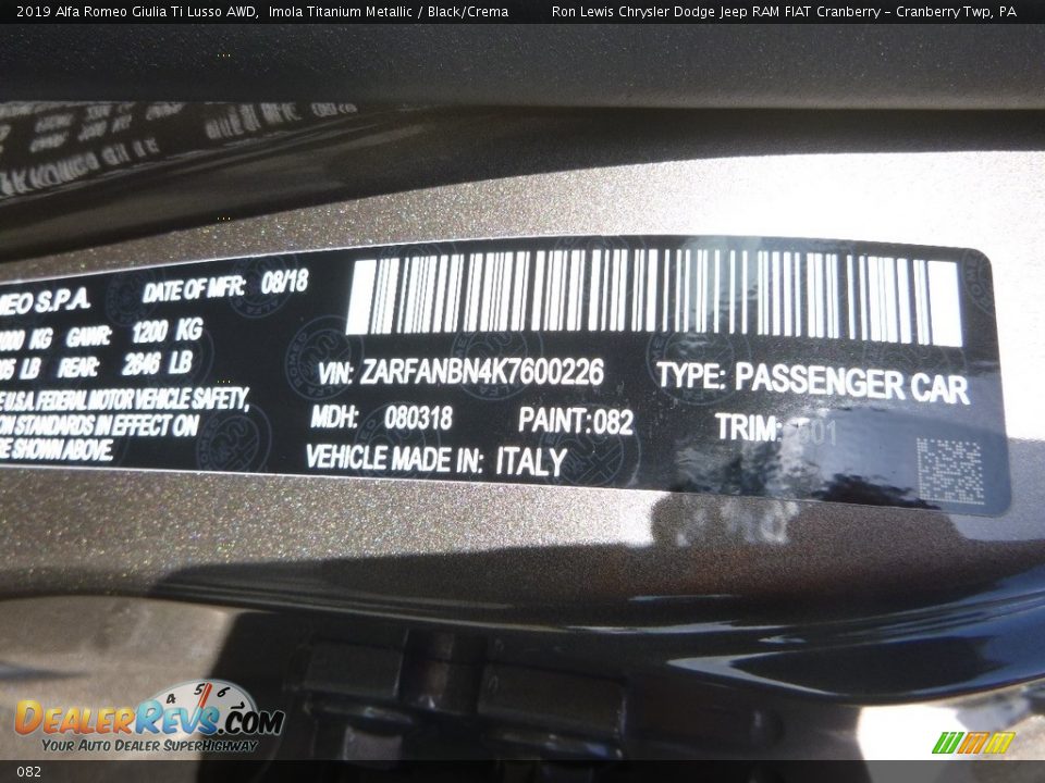 Alfa Romeo Color Code 082 Imola Titanium Metallic