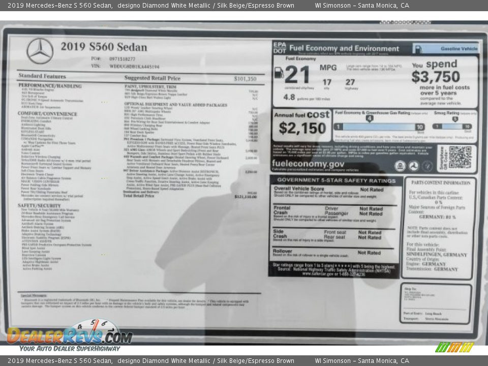 2019 Mercedes-Benz S 560 Sedan designo Diamond White Metallic / Silk Beige/Espresso Brown Photo #10