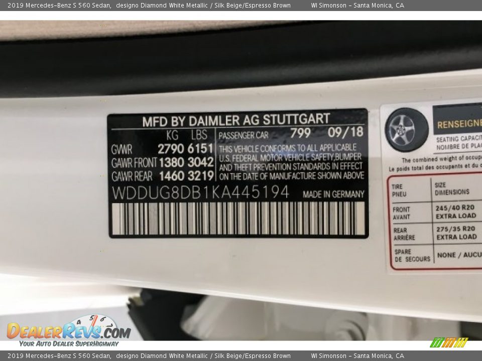 2019 Mercedes-Benz S 560 Sedan designo Diamond White Metallic / Silk Beige/Espresso Brown Photo #11