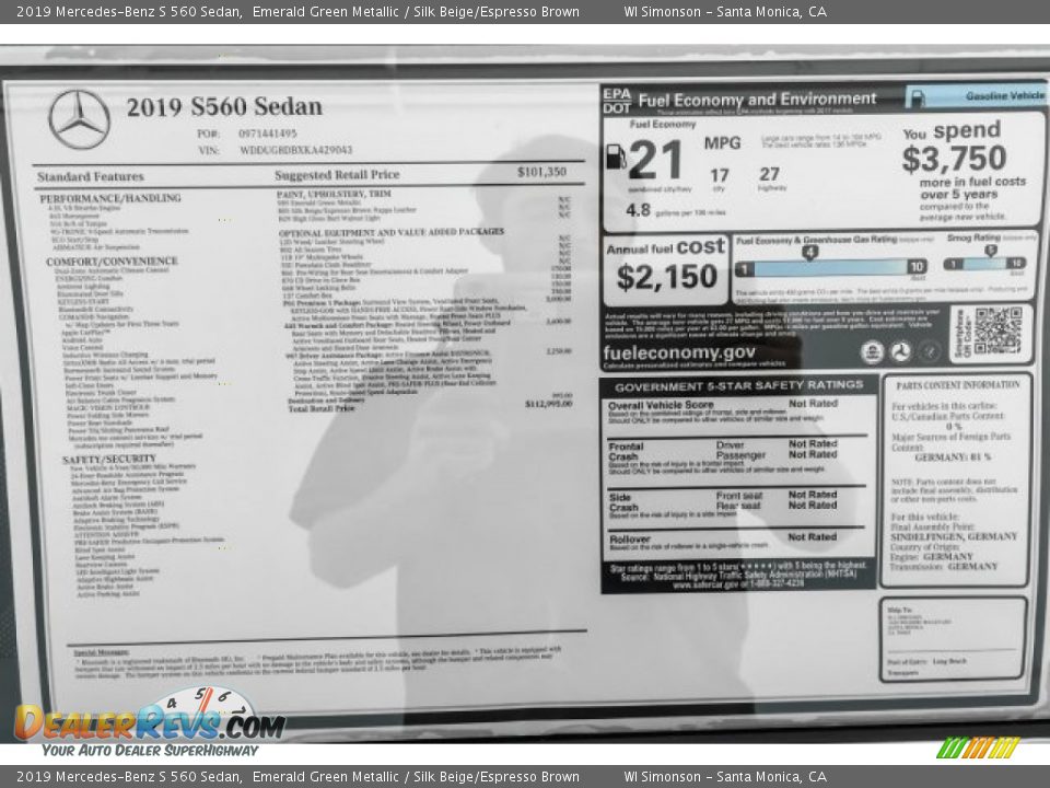 2019 Mercedes-Benz S 560 Sedan Emerald Green Metallic / Silk Beige/Espresso Brown Photo #10