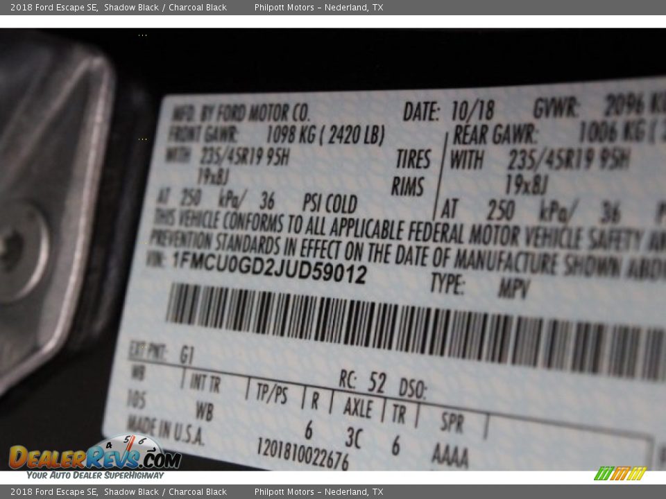 2018 Ford Escape SE Shadow Black / Charcoal Black Photo #35