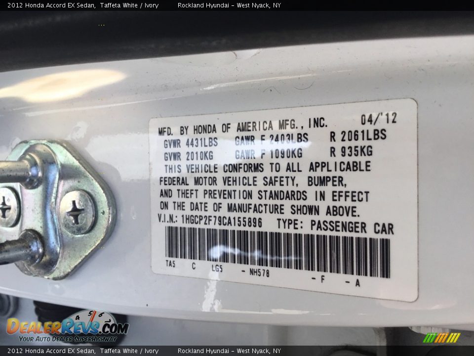 2012 Honda Accord EX Sedan Taffeta White / Ivory Photo #30