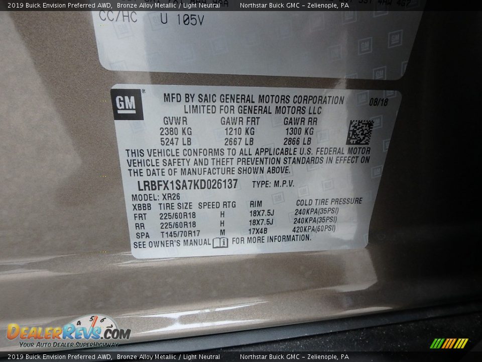 2019 Buick Envision Preferred AWD Bronze Alloy Metallic / Light Neutral Photo #16