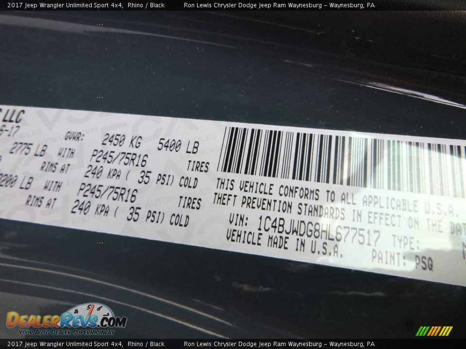 2017 Jeep Wrangler Unlimited Sport 4x4 Rhino / Black Photo #16