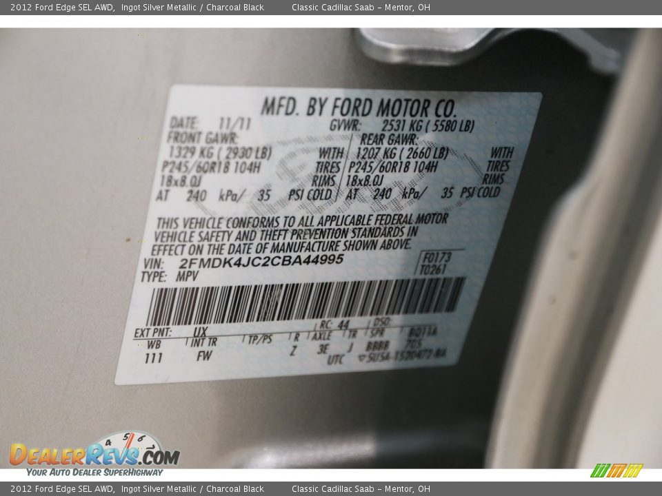 2012 Ford Edge SEL AWD Ingot Silver Metallic / Charcoal Black Photo #19