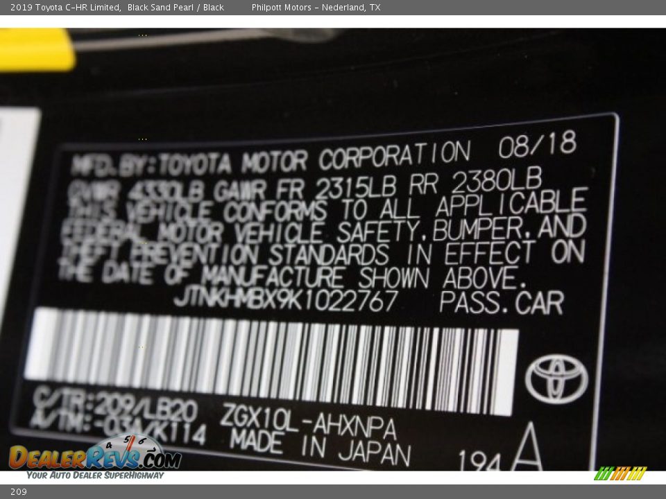 Toyota Color Code 209 Black Sand Pearl