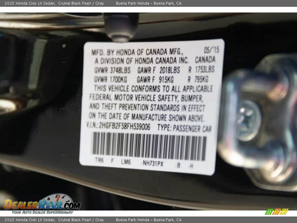 2015 Honda Civic LX Sedan Crystal Black Pearl / Gray Photo #35