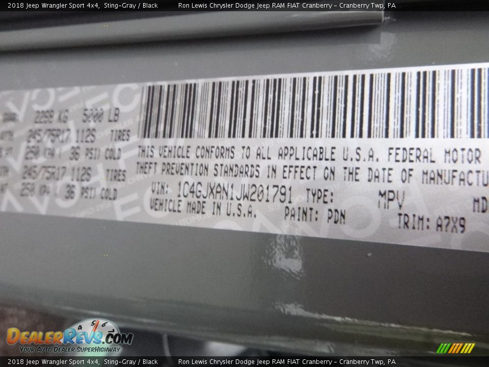 2018 Jeep Wrangler Sport 4x4 Sting-Gray / Black Photo #16