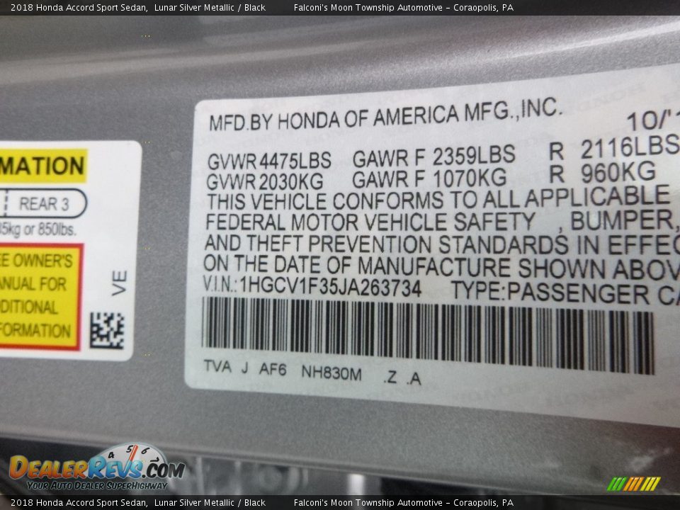 2018 Honda Accord Sport Sedan Lunar Silver Metallic / Black Photo #12