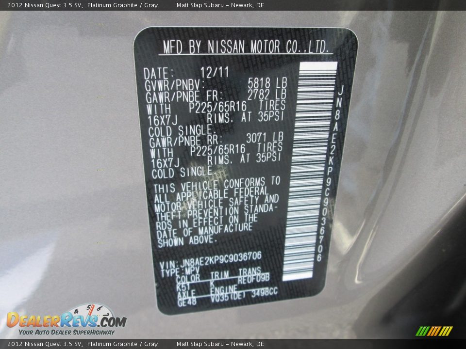 2012 Nissan Quest 3.5 SV Platinum Graphite / Gray Photo #31