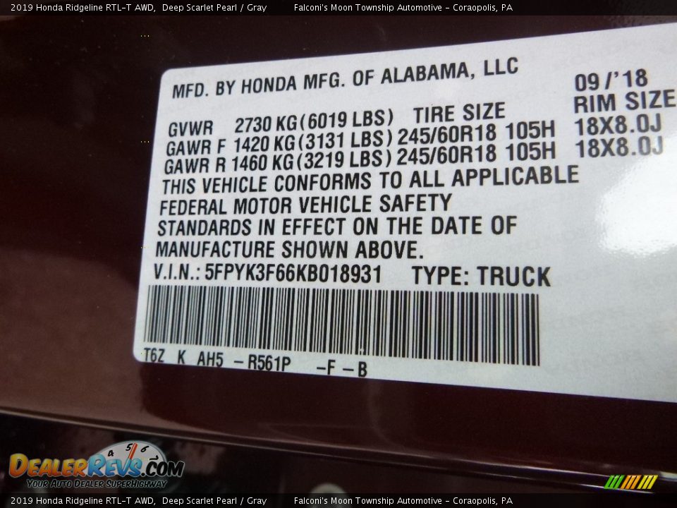 2019 Honda Ridgeline RTL-T AWD Deep Scarlet Pearl / Gray Photo #12