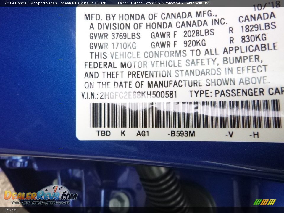 Honda Color Code B593M Agean Blue Metallic