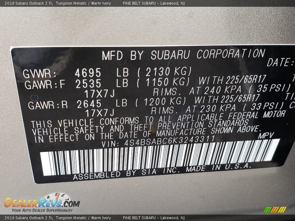2019 Subaru Outback 2.5i Tungsten Metallic / Warm Ivory Photo #9
