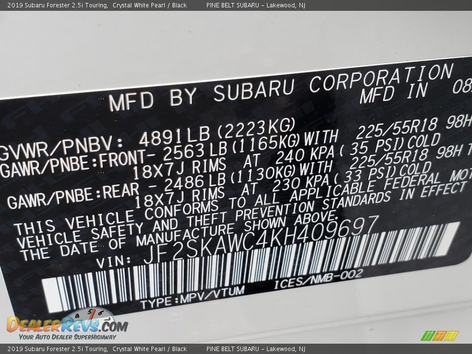 2019 Subaru Forester 2.5i Touring Crystal White Pearl / Black Photo #9