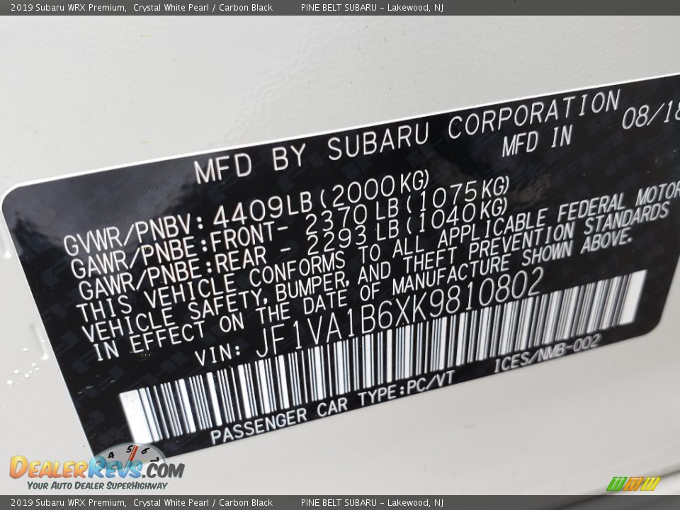 2019 Subaru WRX Premium Crystal White Pearl / Carbon Black Photo #10