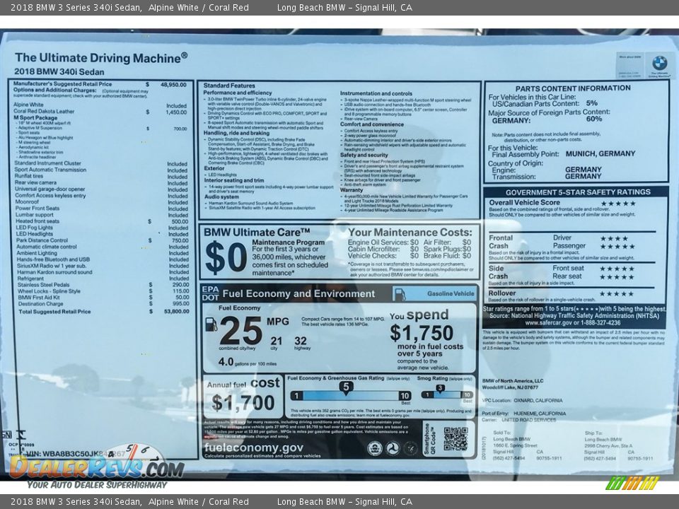 2018 BMW 3 Series 340i Sedan Alpine White / Coral Red Photo #10